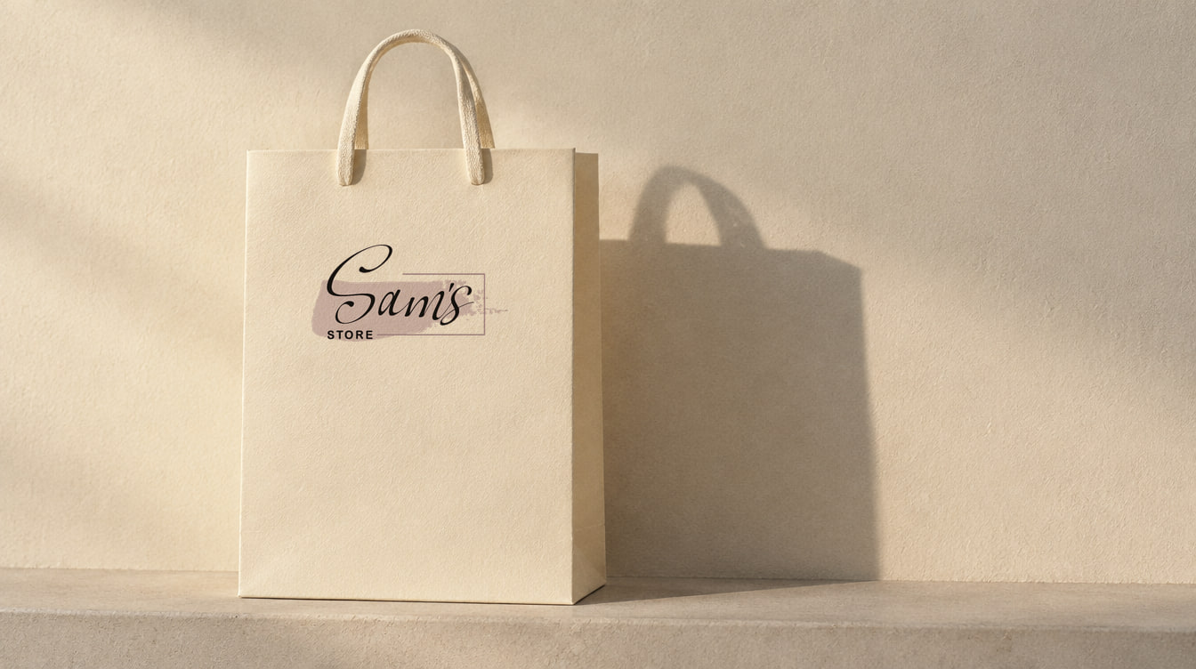 La bolsa de papel de Sam’s Store con el logotipo impreso, apoyada en una repisa de concreto.
