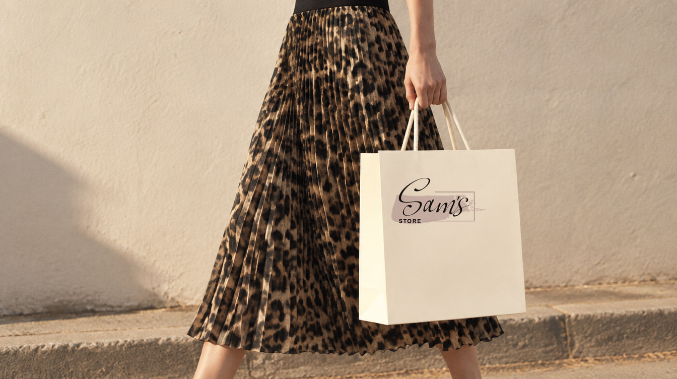 Una mujer camina con la bolsa de Sam’s Store en la mano, junto a la falda plisada de leopardo.