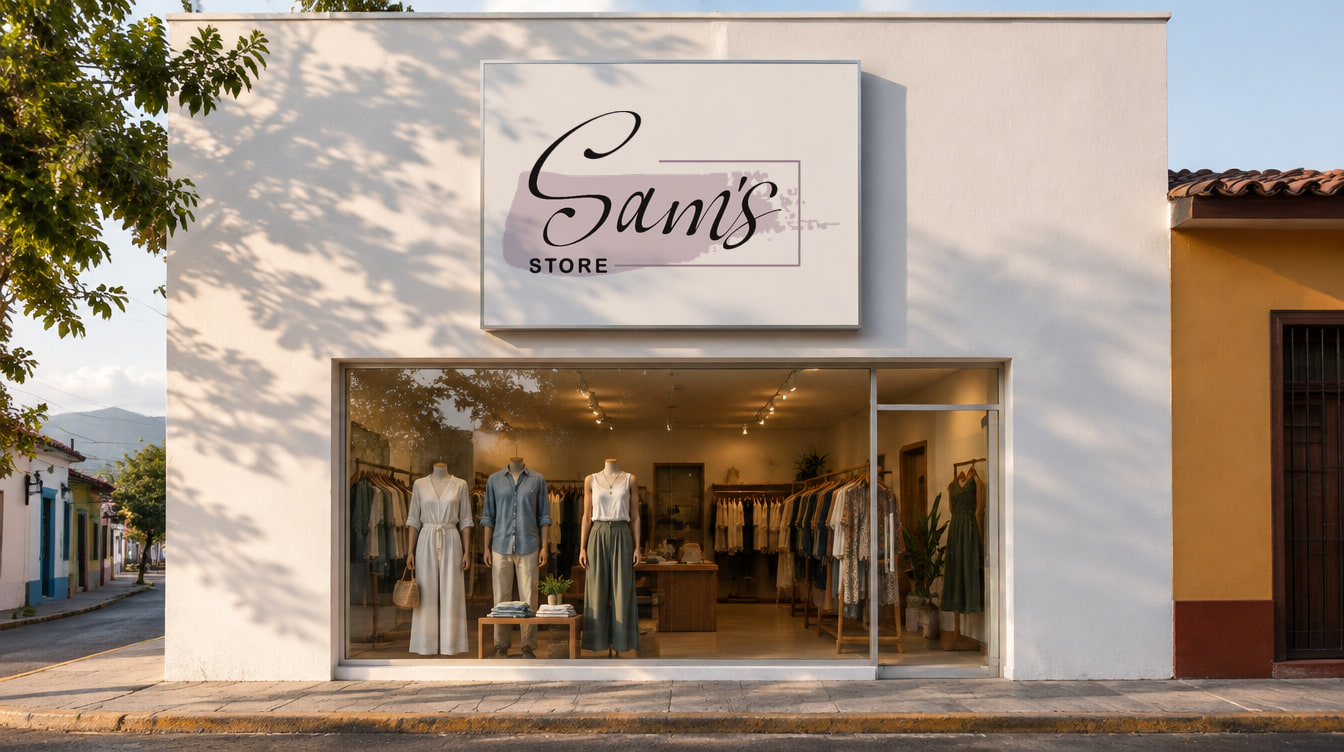 El rótulo de la tienda: el logotipo de Sam’s Store en blanco sobre un panel negro mate.
