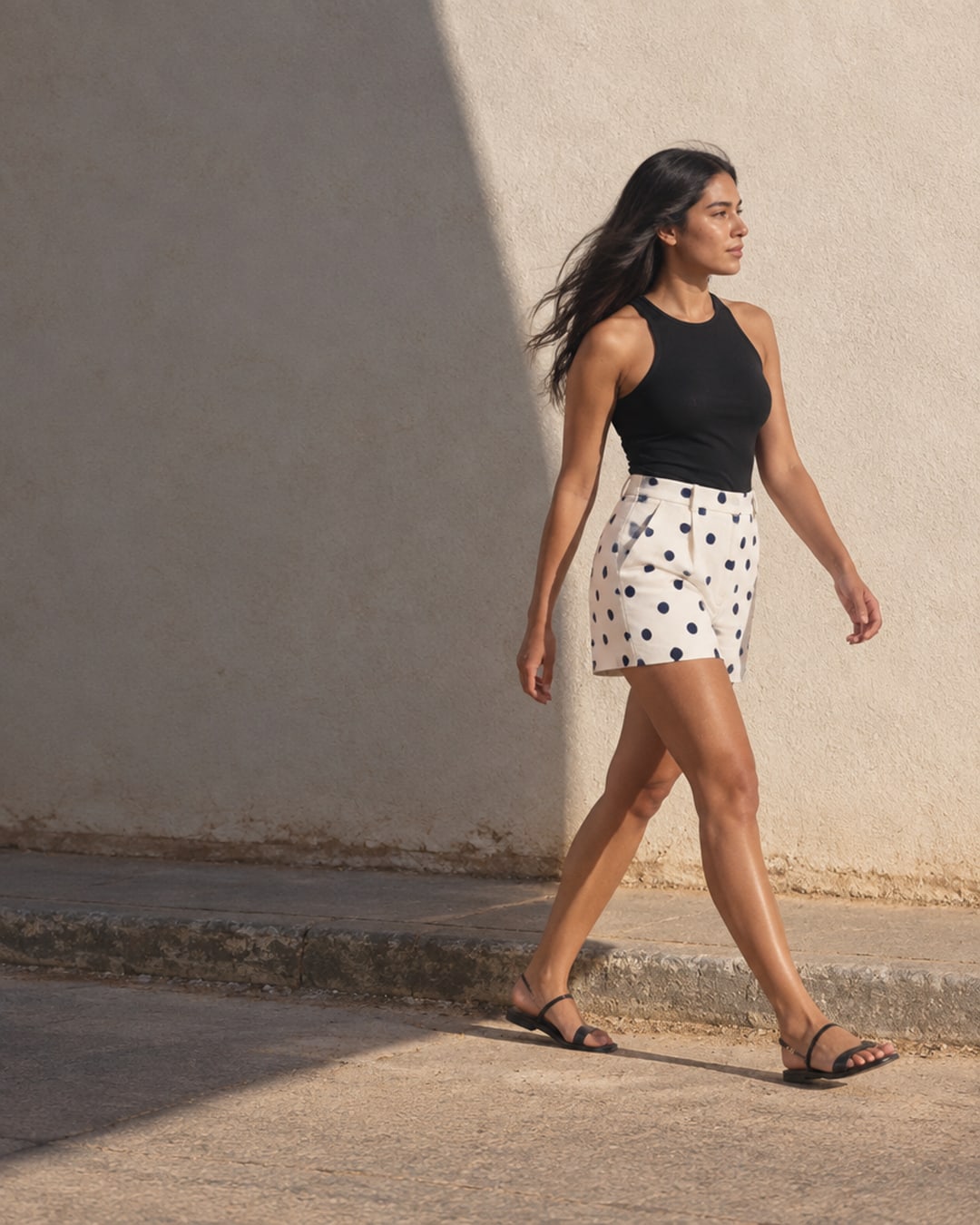 Campaña: el short blanco de lunares con top negro, cruzando una franja de sol.